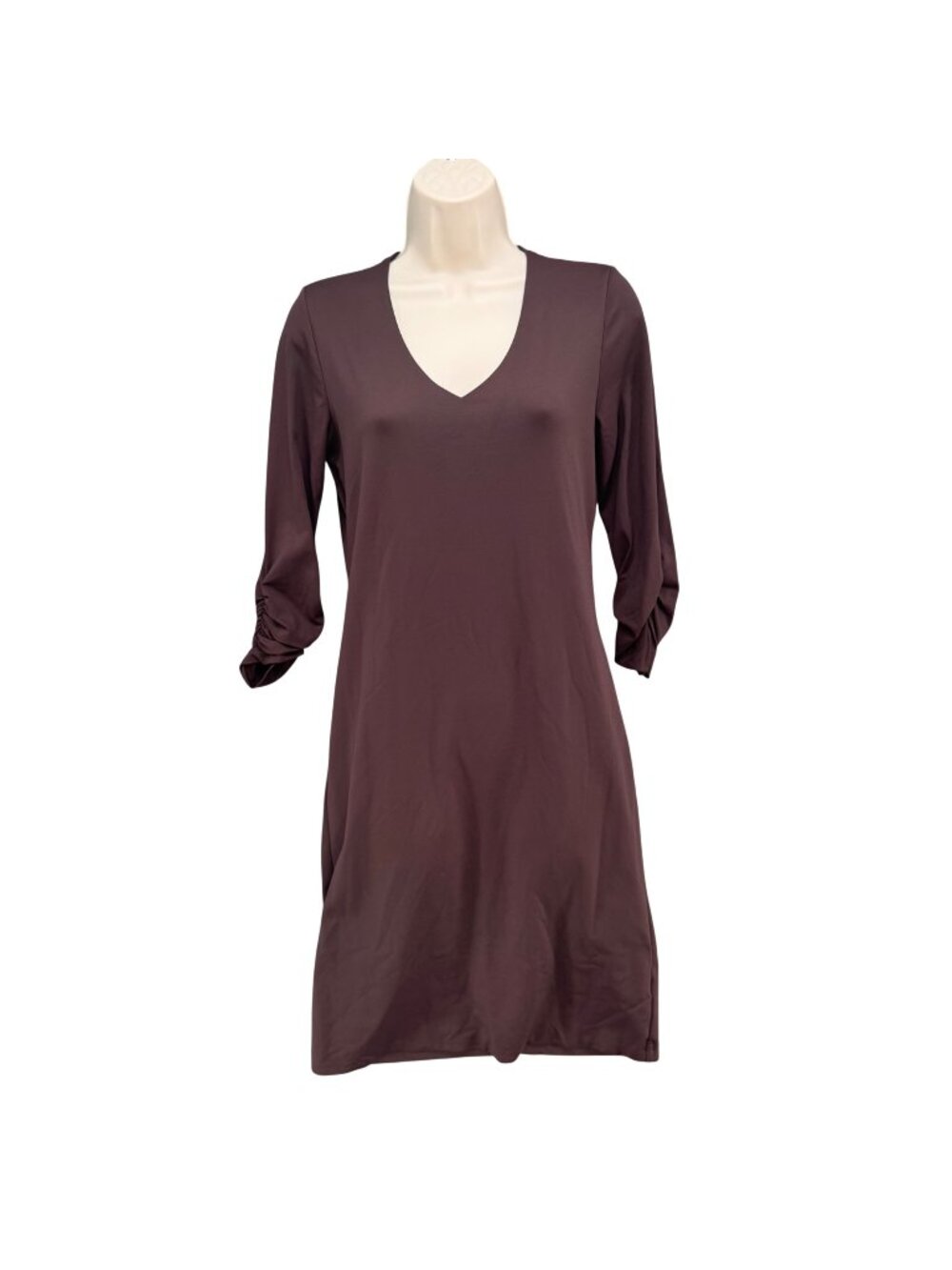 JudyP Bellisimo Sheath Dress Chocolate Brown 3/4 Ruched Sleeve V Neck Size XS